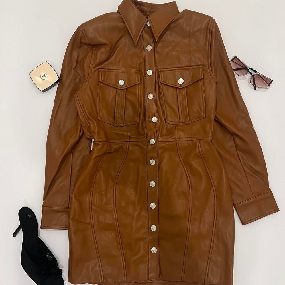 House of CB 'Crystal' Tan Brown Vegan Leather Backless Blazer Midi Dress